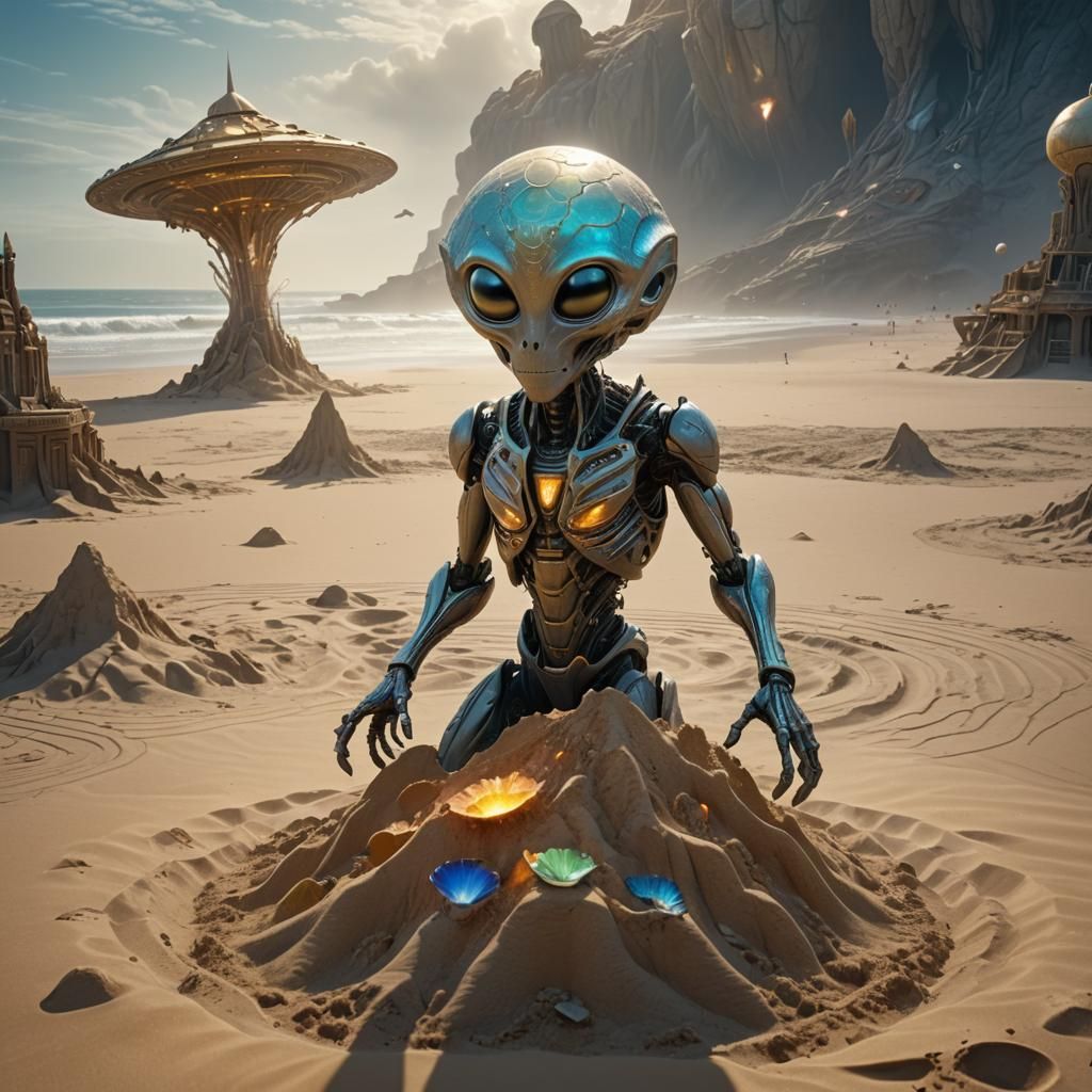 Alien in Sandcastle UFO: Fantasy Concept Art