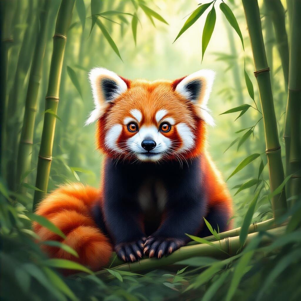 Red Panda in Bamboo Forest, Whimsical Illustration