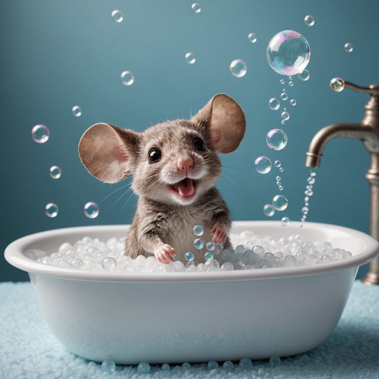 Cute Mouse with Foam Mustache in Bathtub