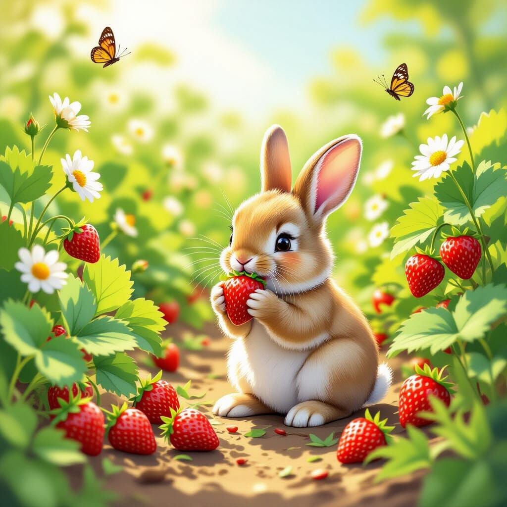Fluffy Bunny Eats Strawberries in Sunny Patch with Flowers