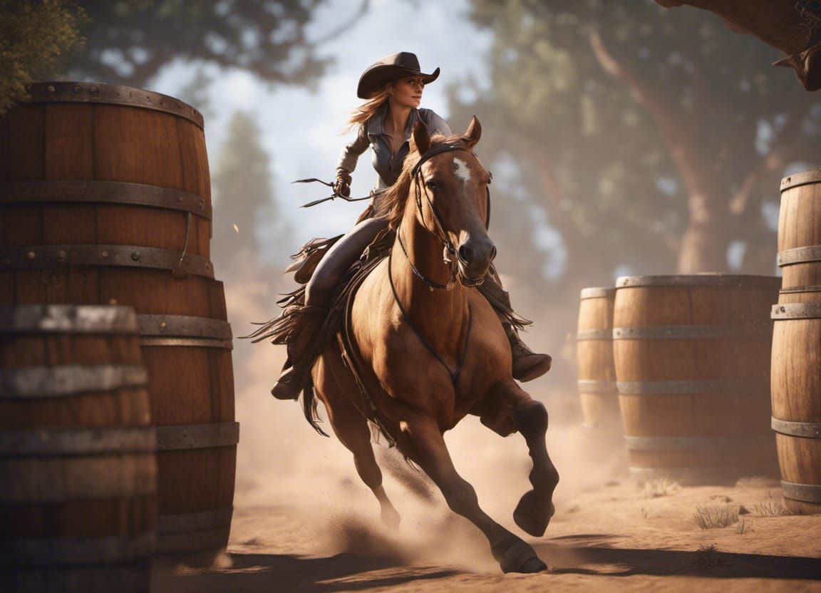 Cowgirl  on buckskin horse running around barrel