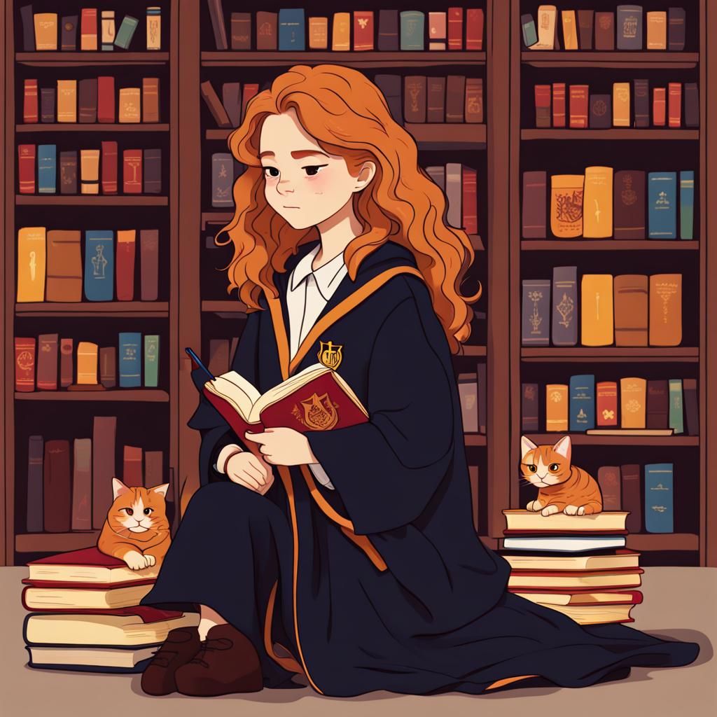 Hermione Granger Reading with Cat in Library