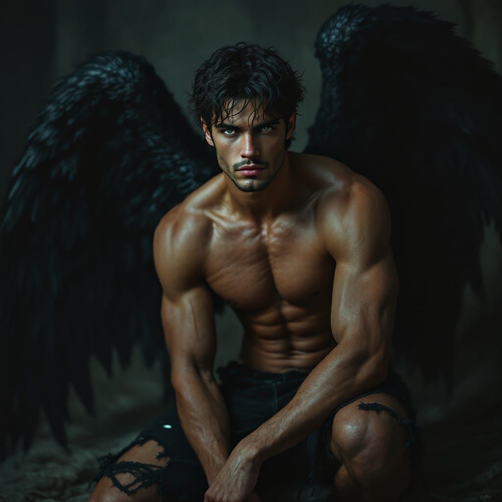 Dramatic Black-Winged Angel with Piercing Gaze