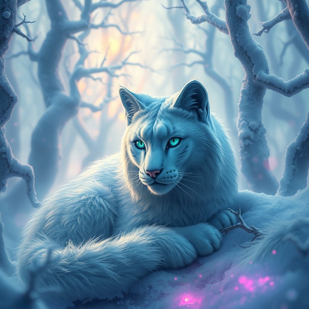 Majestic Snow Cat in Icy Fantasy Landscape