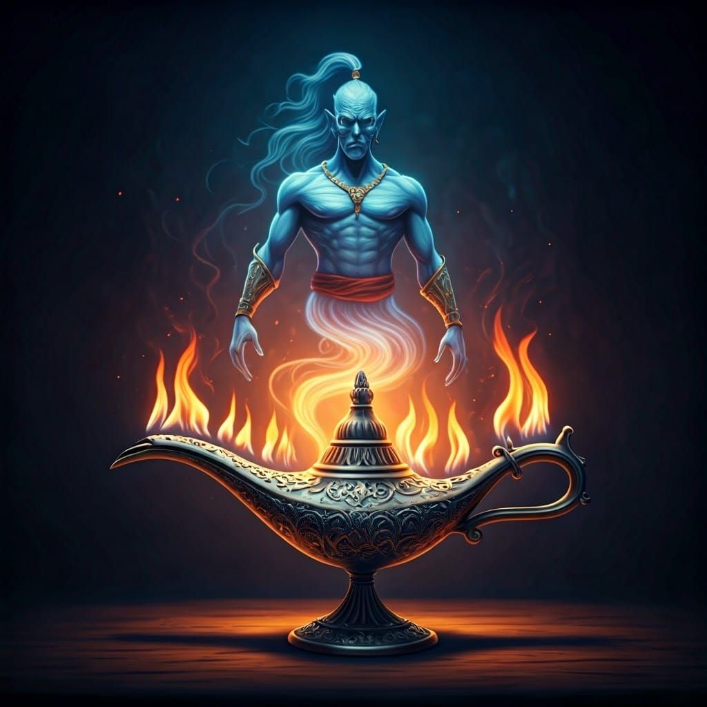 Fiery Genie Emerges in Surreal Double Exposure