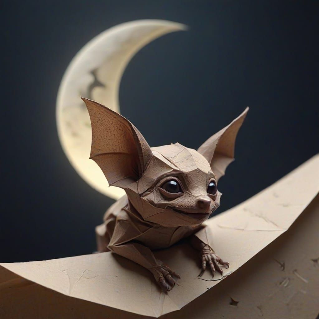 Baby Bat on Crescent Moon in Hyperrealism