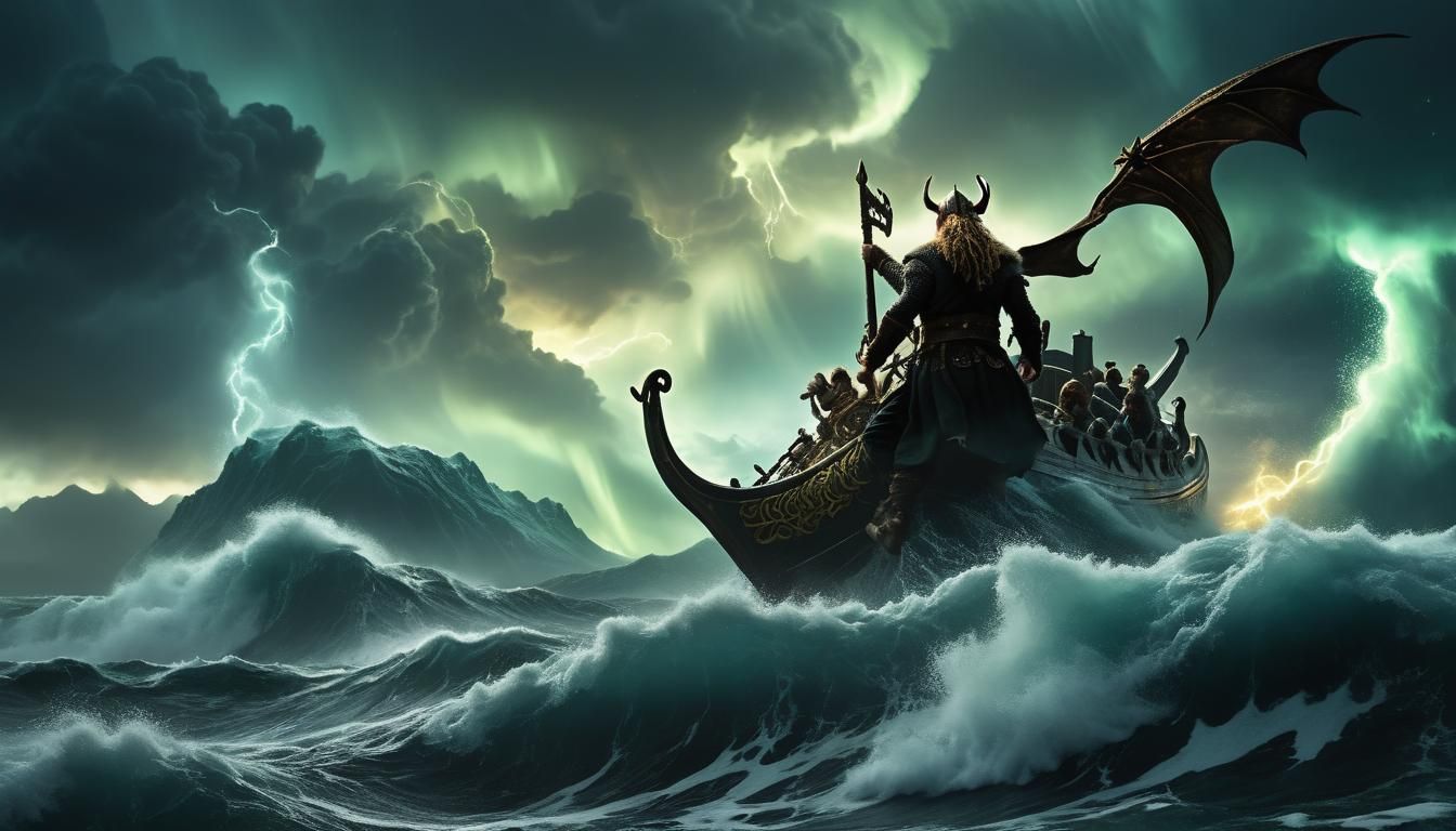Viking Warrior on Serpent During Storm, Cinematic Still