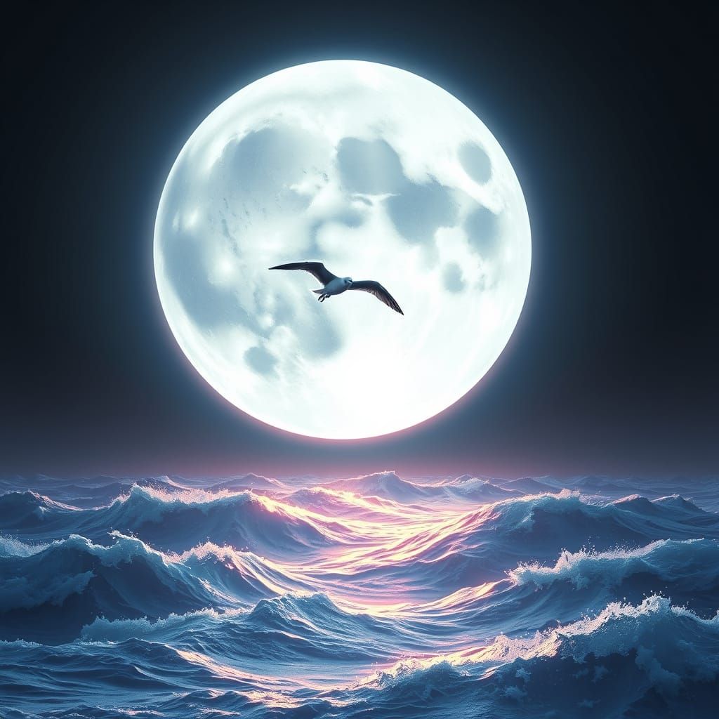 Gigantic Full Moon Illuminates Turbulent Ocean Waves