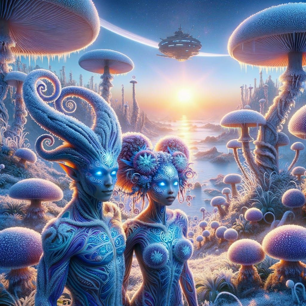Icy Alien Jungle with Humanoids and Spaceship