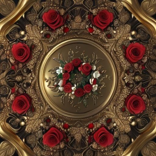 Realistic Red Roses in Gold and White Setting