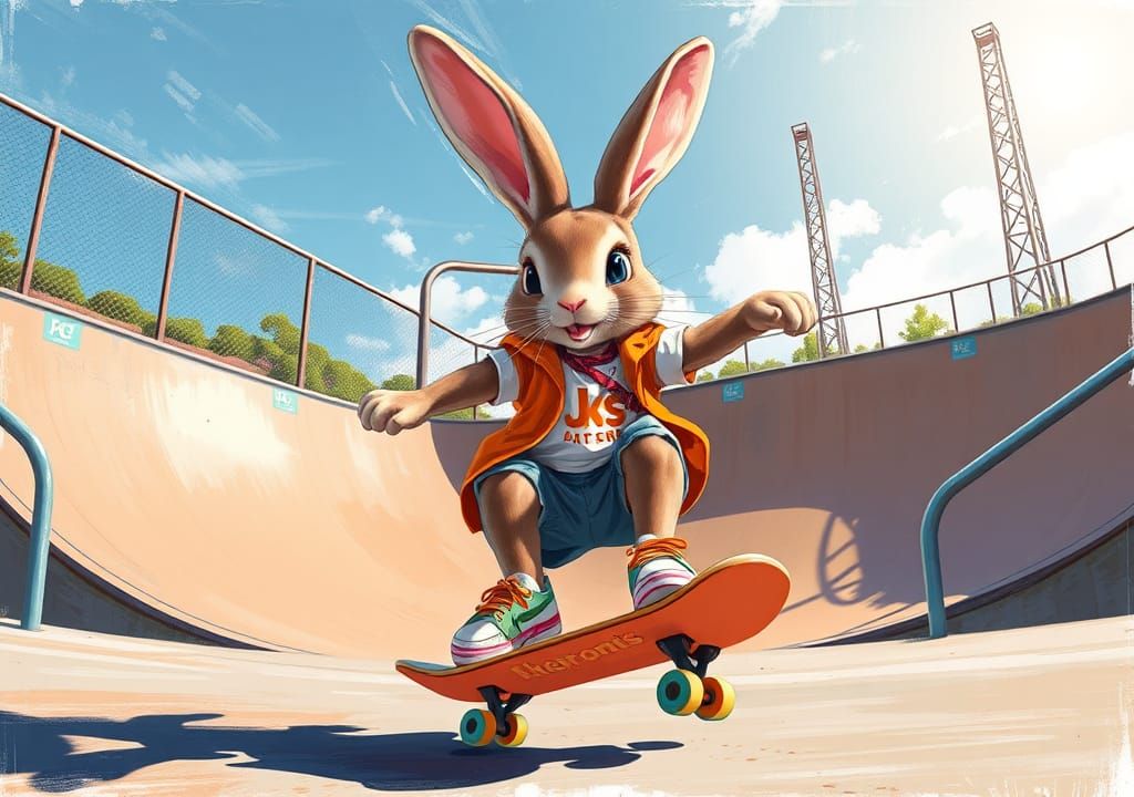 Stylish Bunny Skateboarding in a Sunny Skatepark