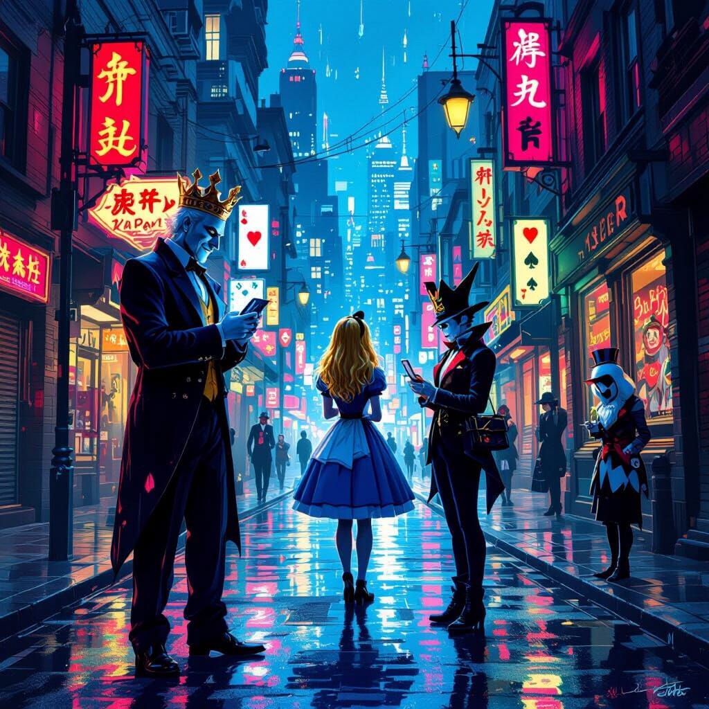 Alice in Wonderland Meets Modern Cityscape with Playing Card...