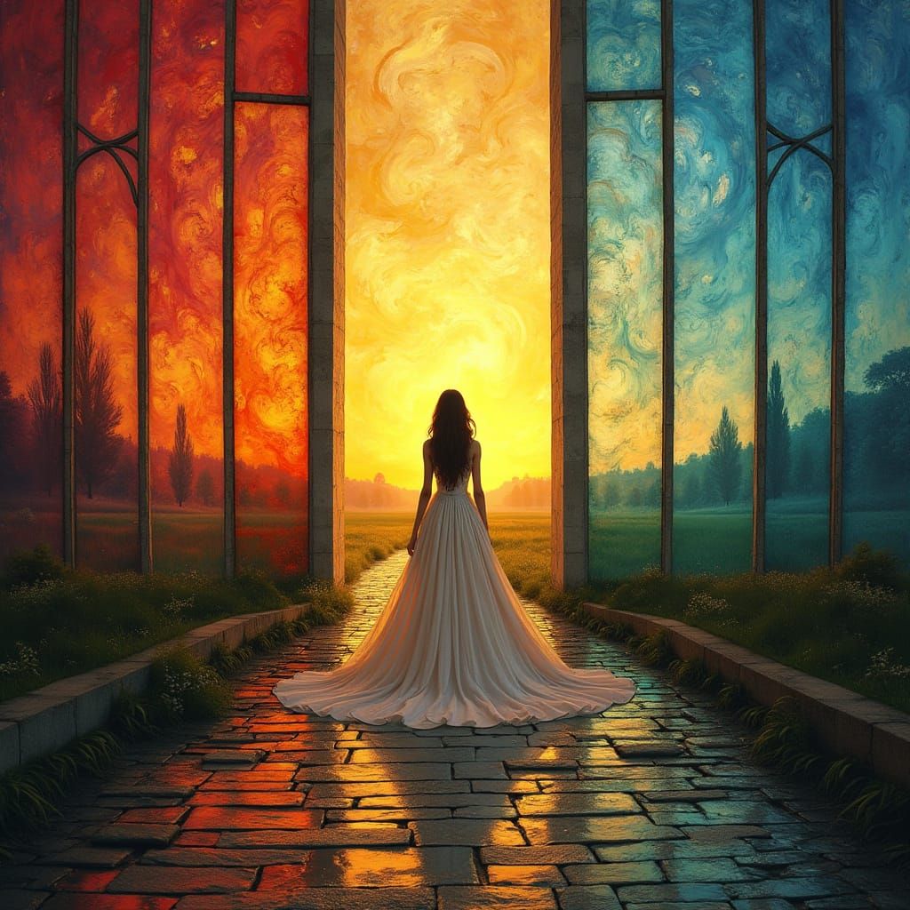 Woman Walks to Serene Landscape in Stained Glass Frame