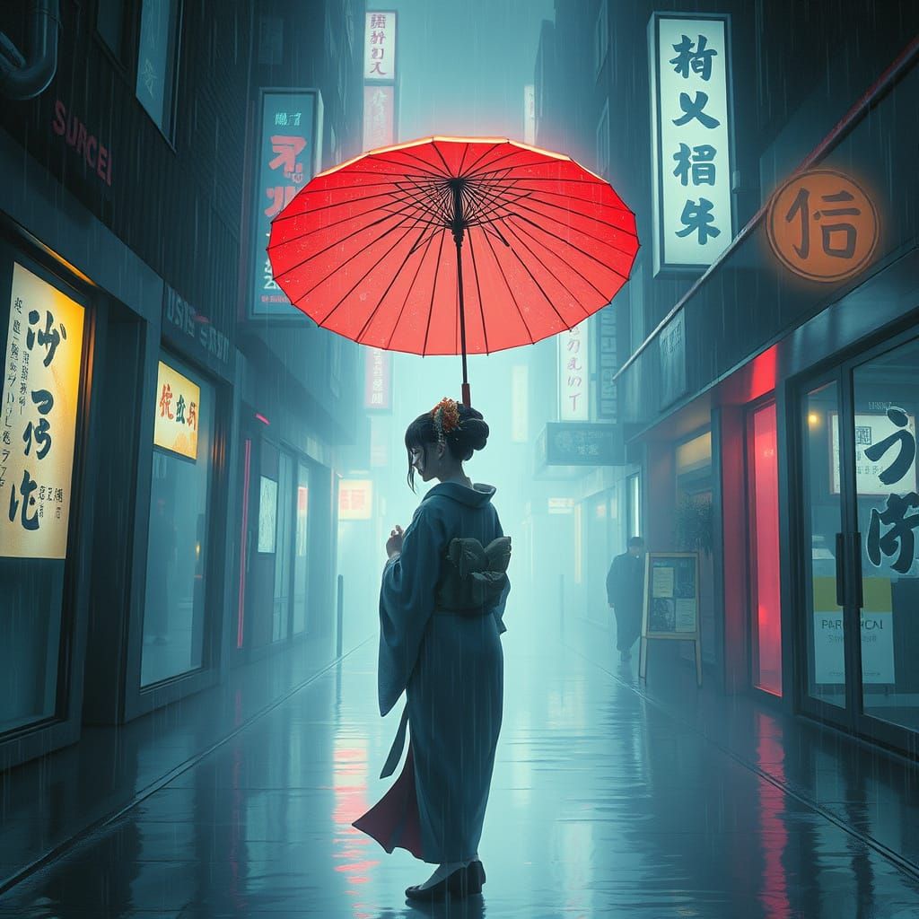 Cyberpunk Geisha in Neon Rain Alleyway