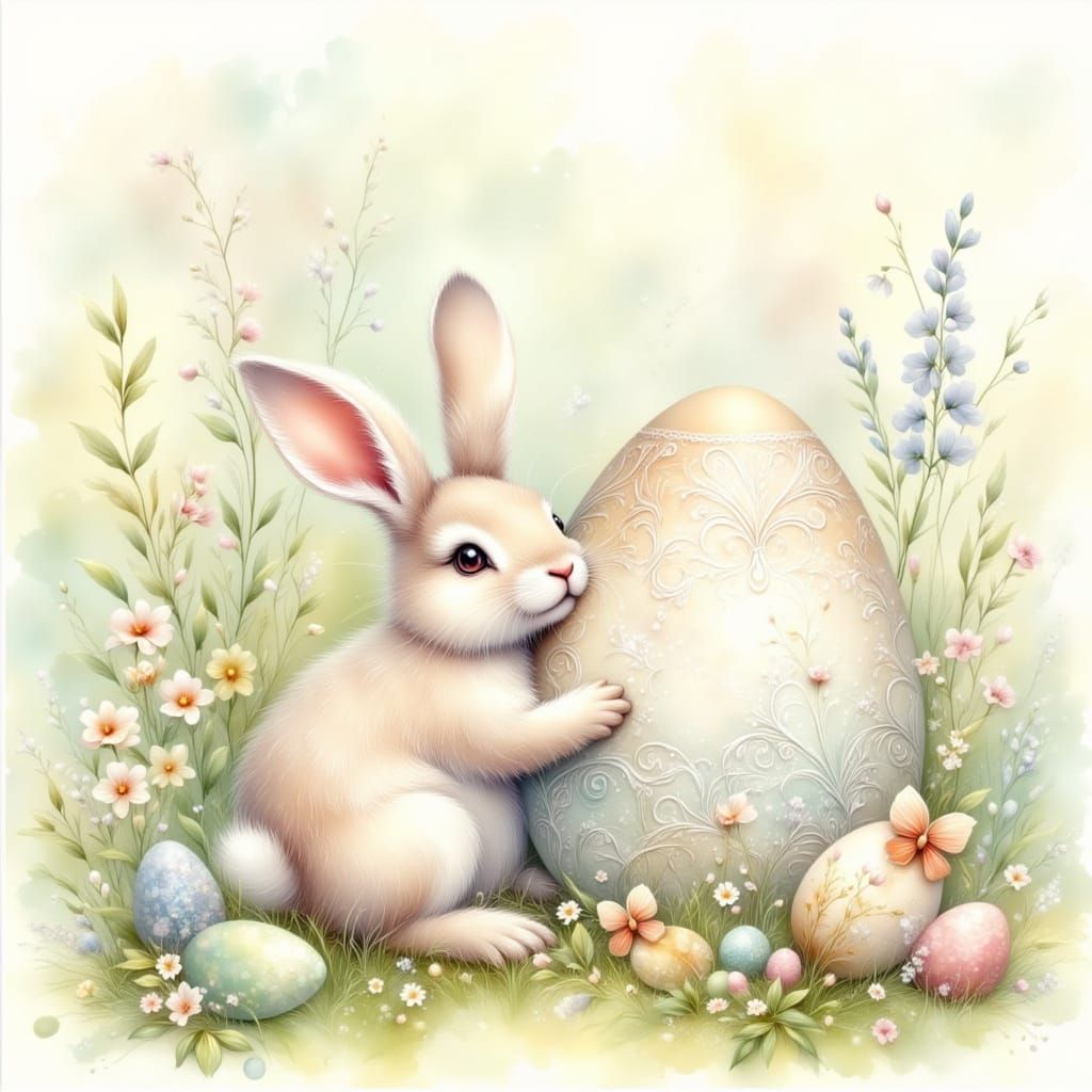 A serene watercolor illustration of a soft, fluffy bunny lea...