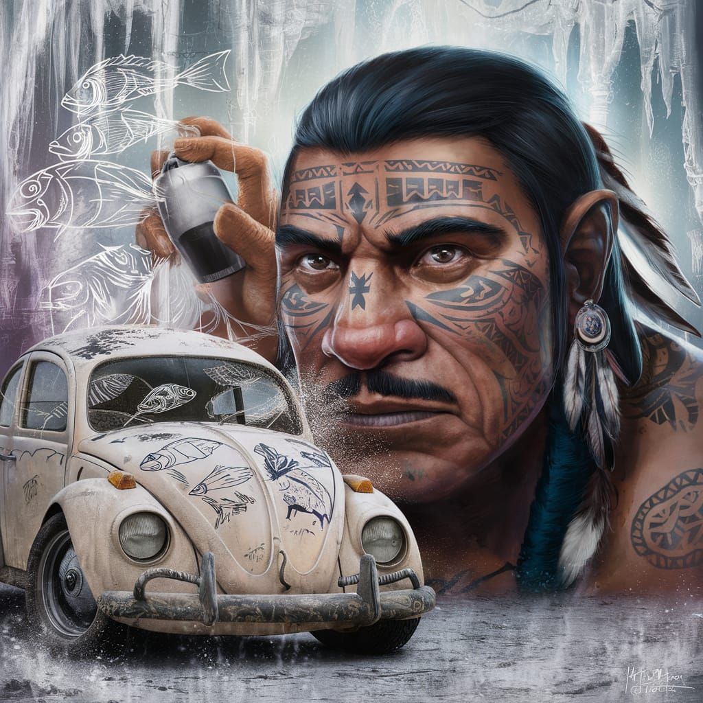 Indigenous Man Sprays Graffiti Art in Fantasy Style
