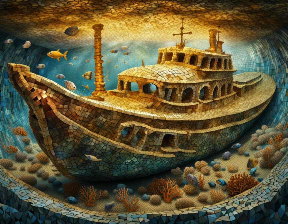 Underwater Shipwreck Mosaic in Surreal Style