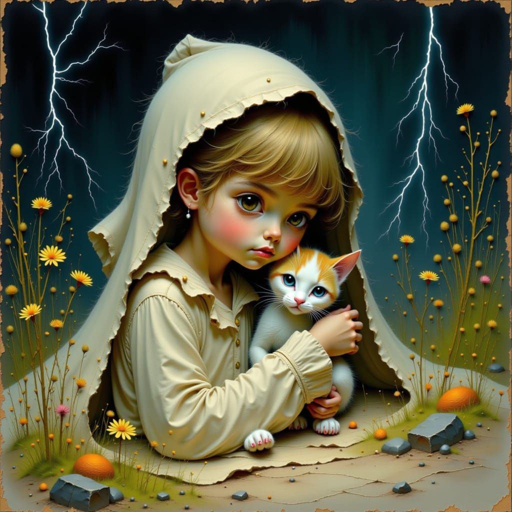 Girl and Kitten Hiding During Storm, Potter Style