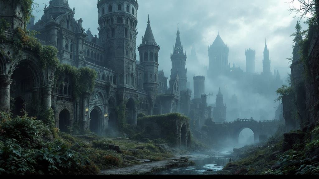 Mystical Mist Over Abandoned Medieval Cityscape