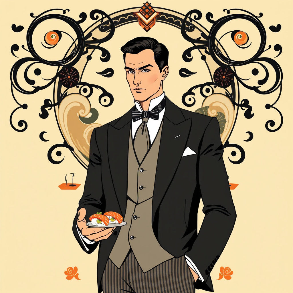 Art Deco Man with Sushi in Brunner & Bolles Style