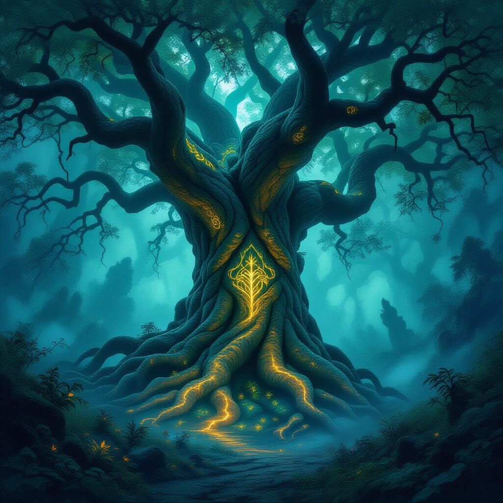 Ancient Tree with Serpent Roots and Arcane Symbols