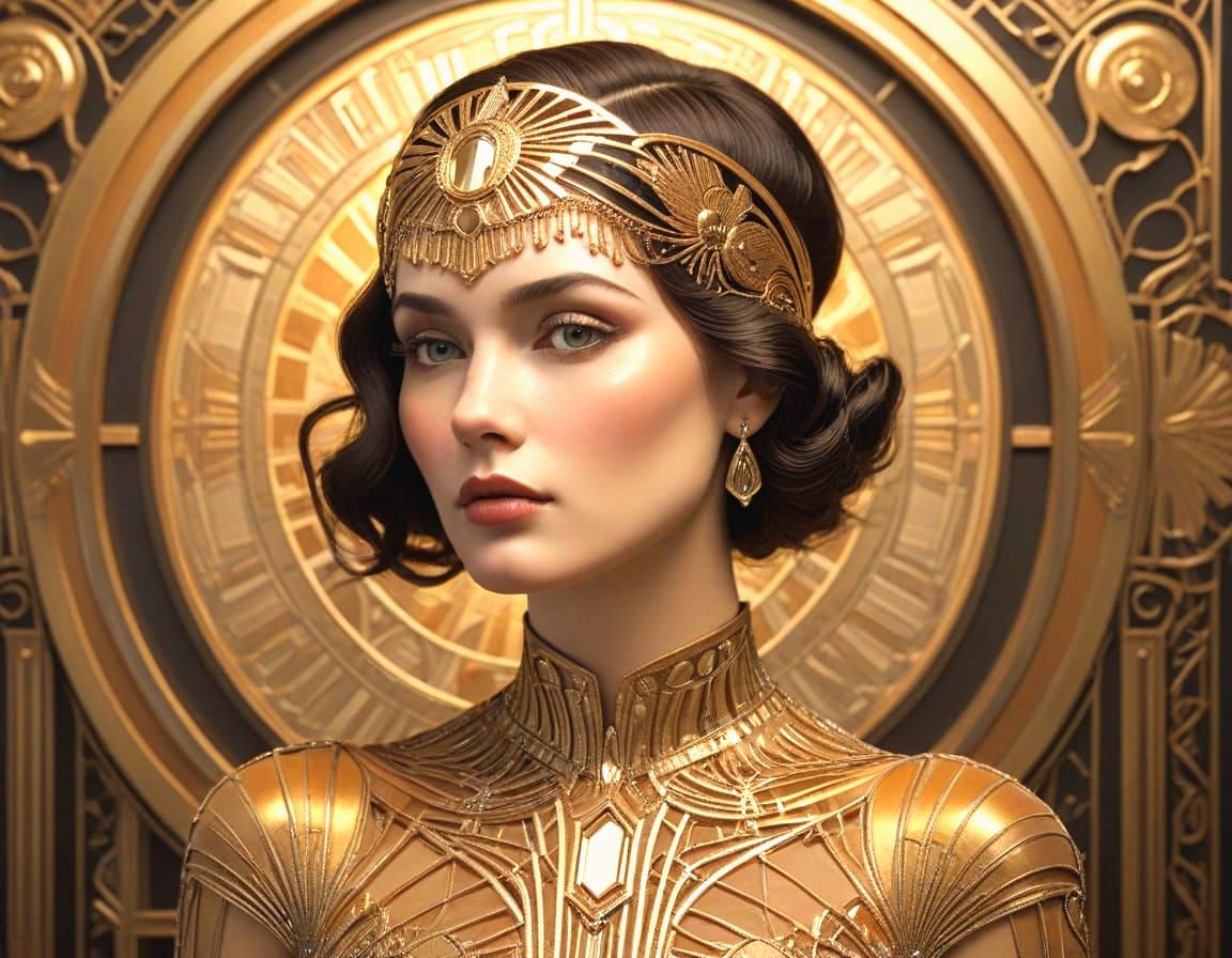 Art Deco Woman in Golden Round Frame