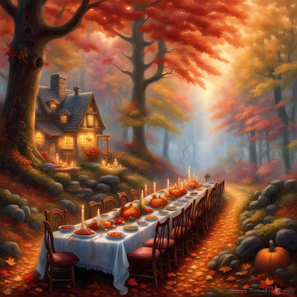 Halfling Thanksgiving Feast in Ethereal Forest, Hyperdetaile...