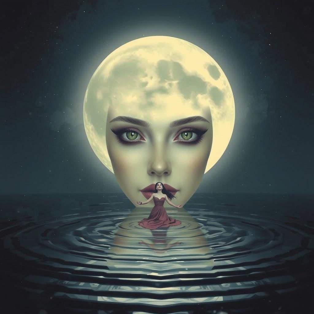 Ethereal Woman Gazing at Moon in Digital Painting