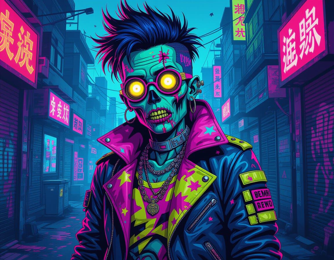 Neon Punk Zombie Nerd with Bright Eyes in Cyberpunk Style