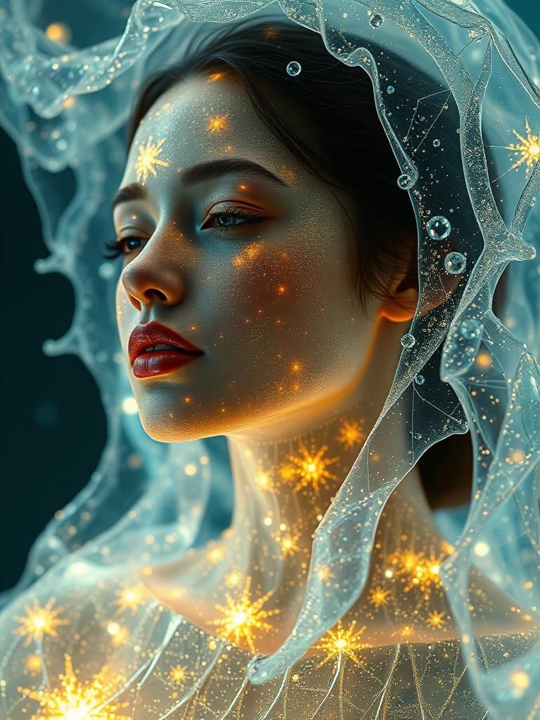 Crystal Woman Portrait with Bioluminescent Fractals