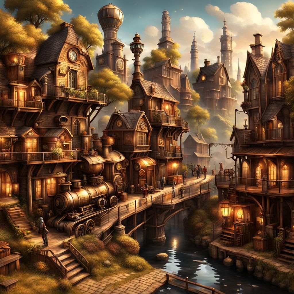 Peaceful Steampunk Village with Steam Engine