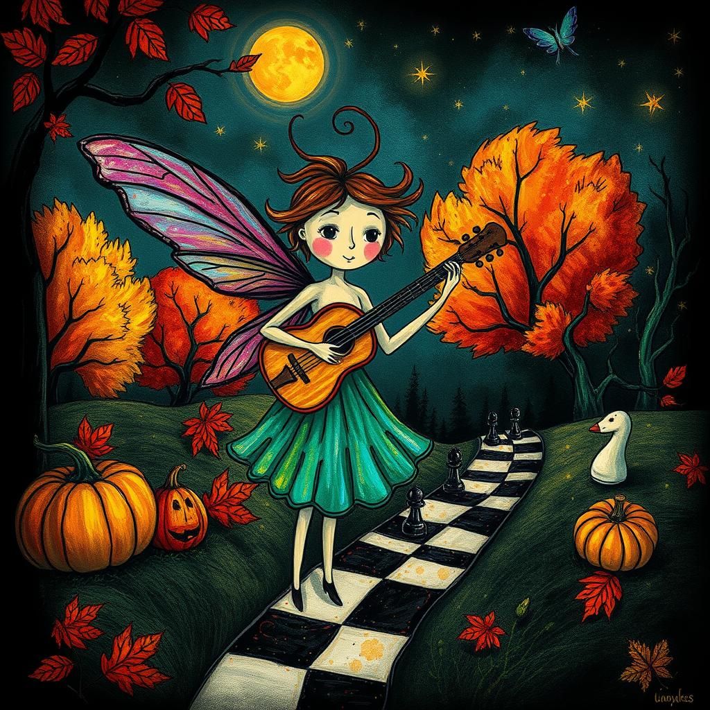 Whimsical Fairy Musician in Surreal Autumn Wonderland