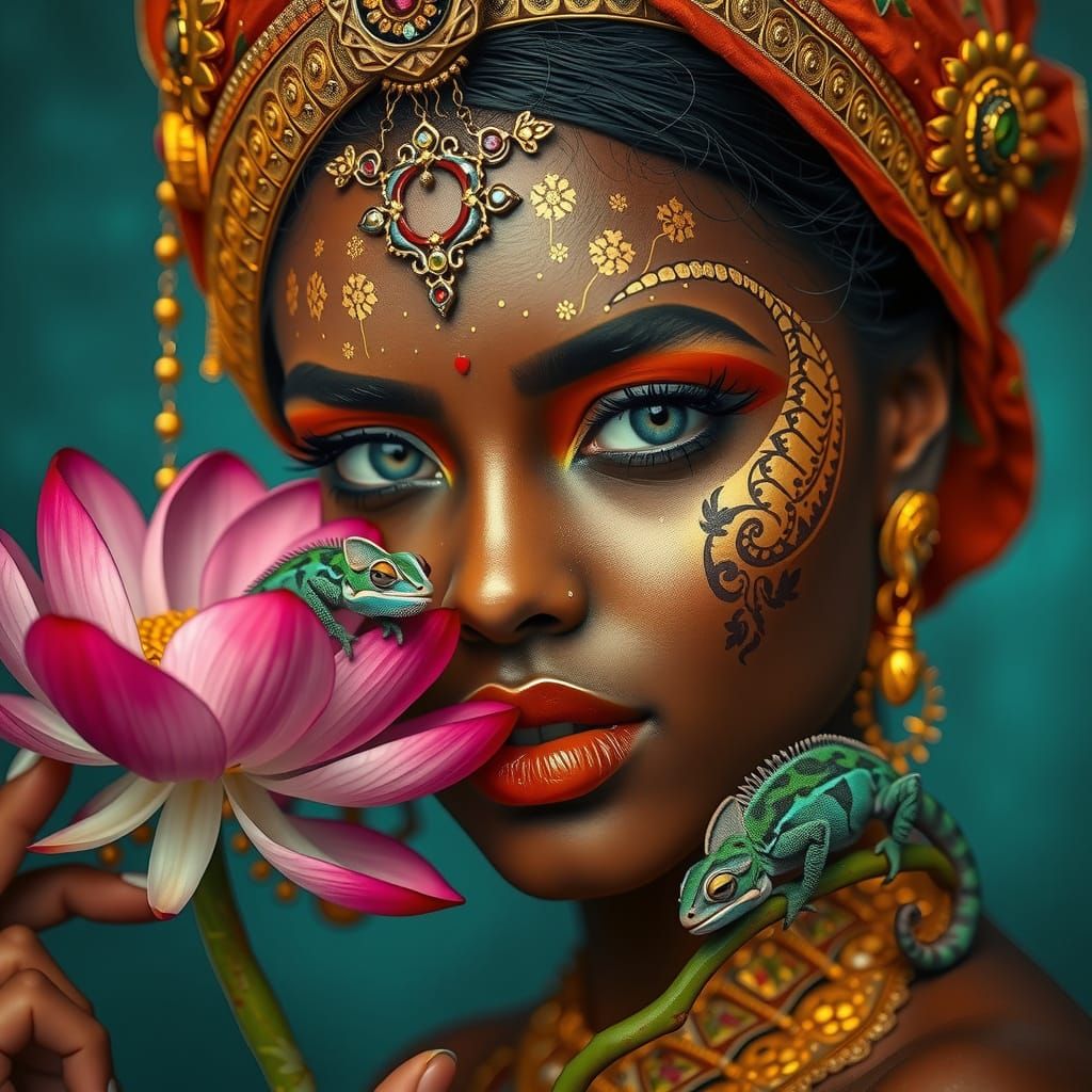 African American Woman in Indian Attire with Chameleons
