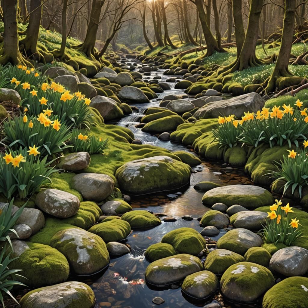 Hyperrealistic Stream with Mossy Rocks and Daffodils