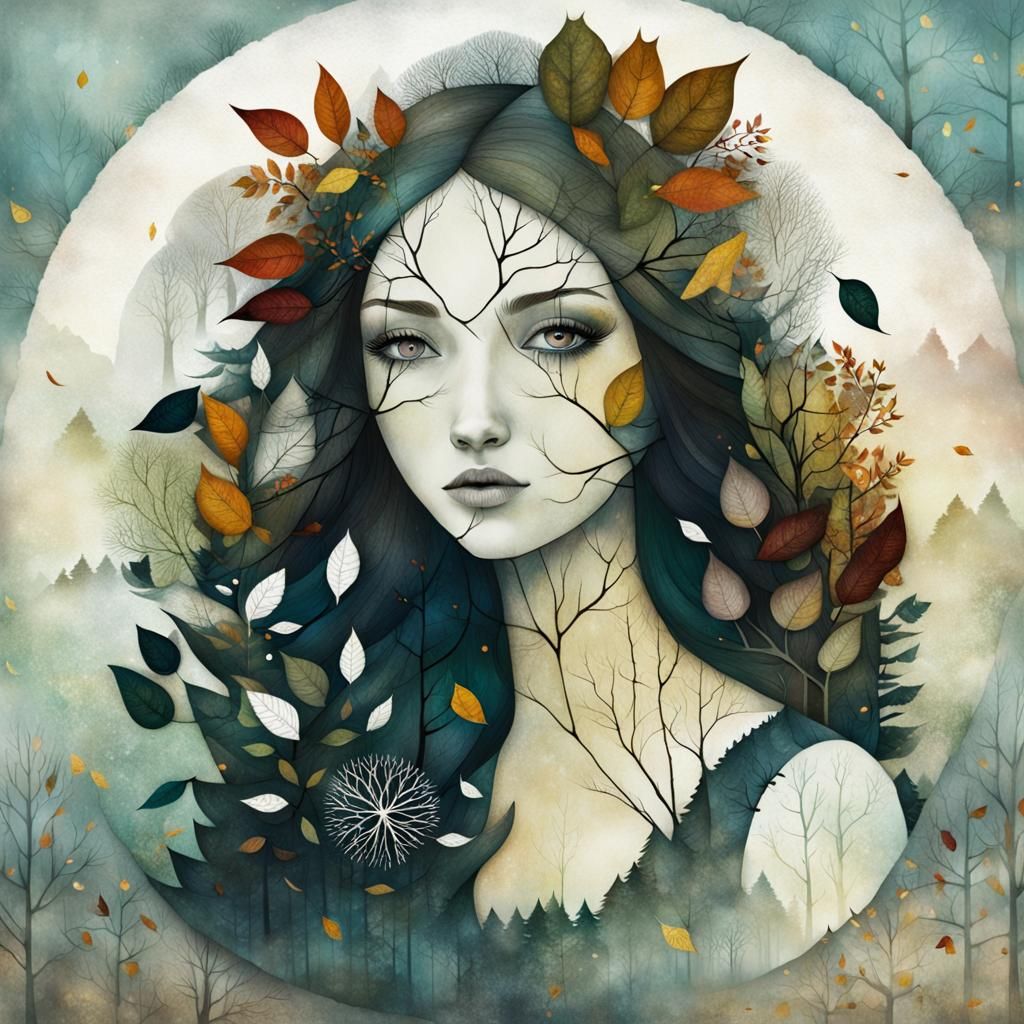 Surreal Double Exposure: Girl and Autumnal Forest