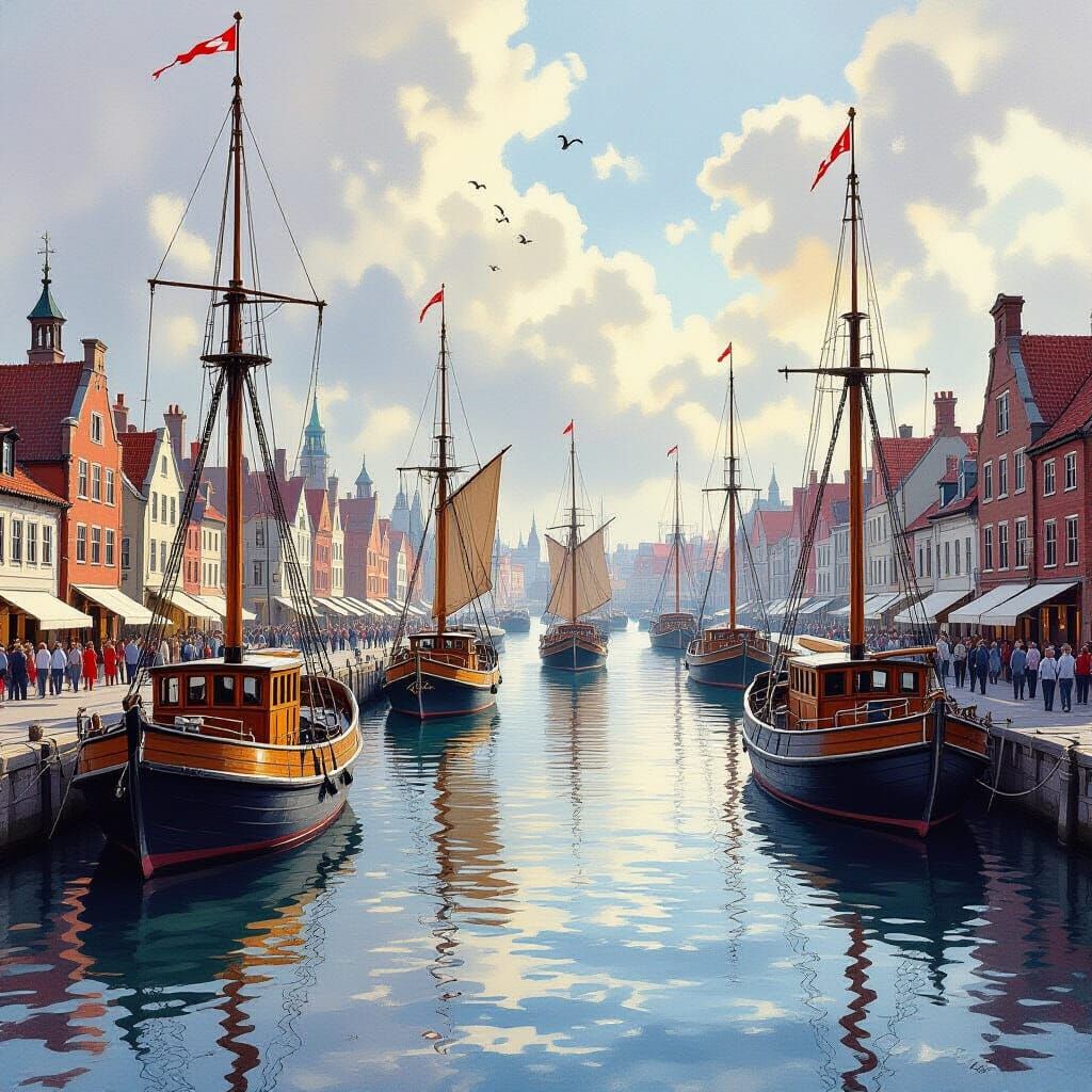 Picturesque Harbor with Wooden Ships in Watercolor Style
