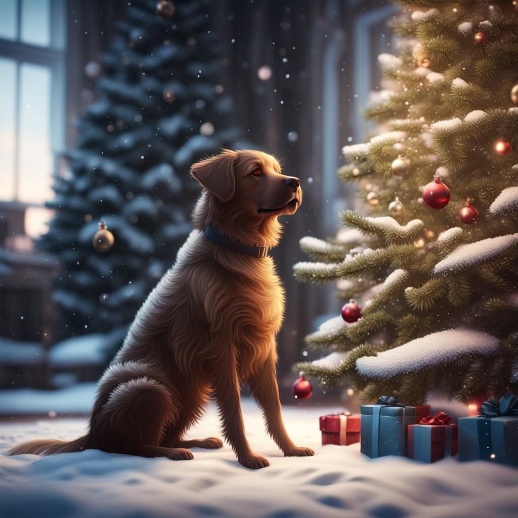 Dog by Snowy Christmas Tree: Digital Art