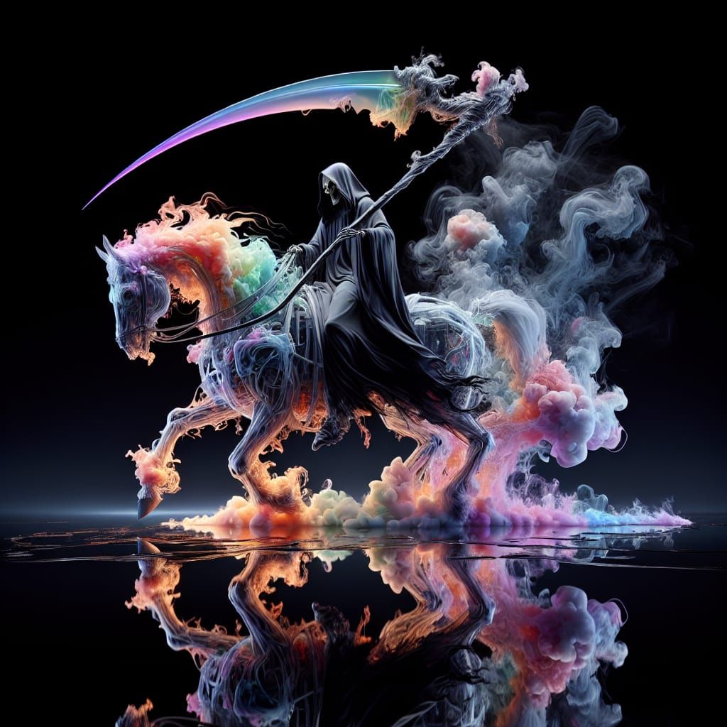 Hyperrealistic Grim Reaper on Smoky Horse