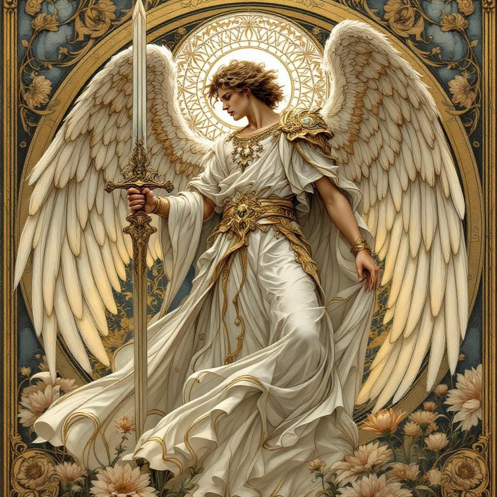 Art Nouveau Archangel Michael with Ornate Sword