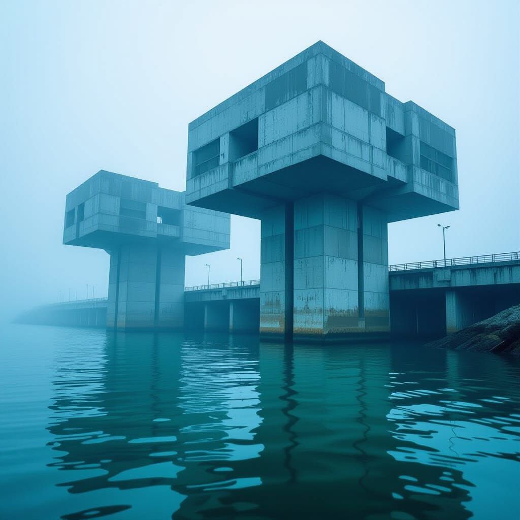Underwater Brutalist Structures in Retro-Futuristic Style