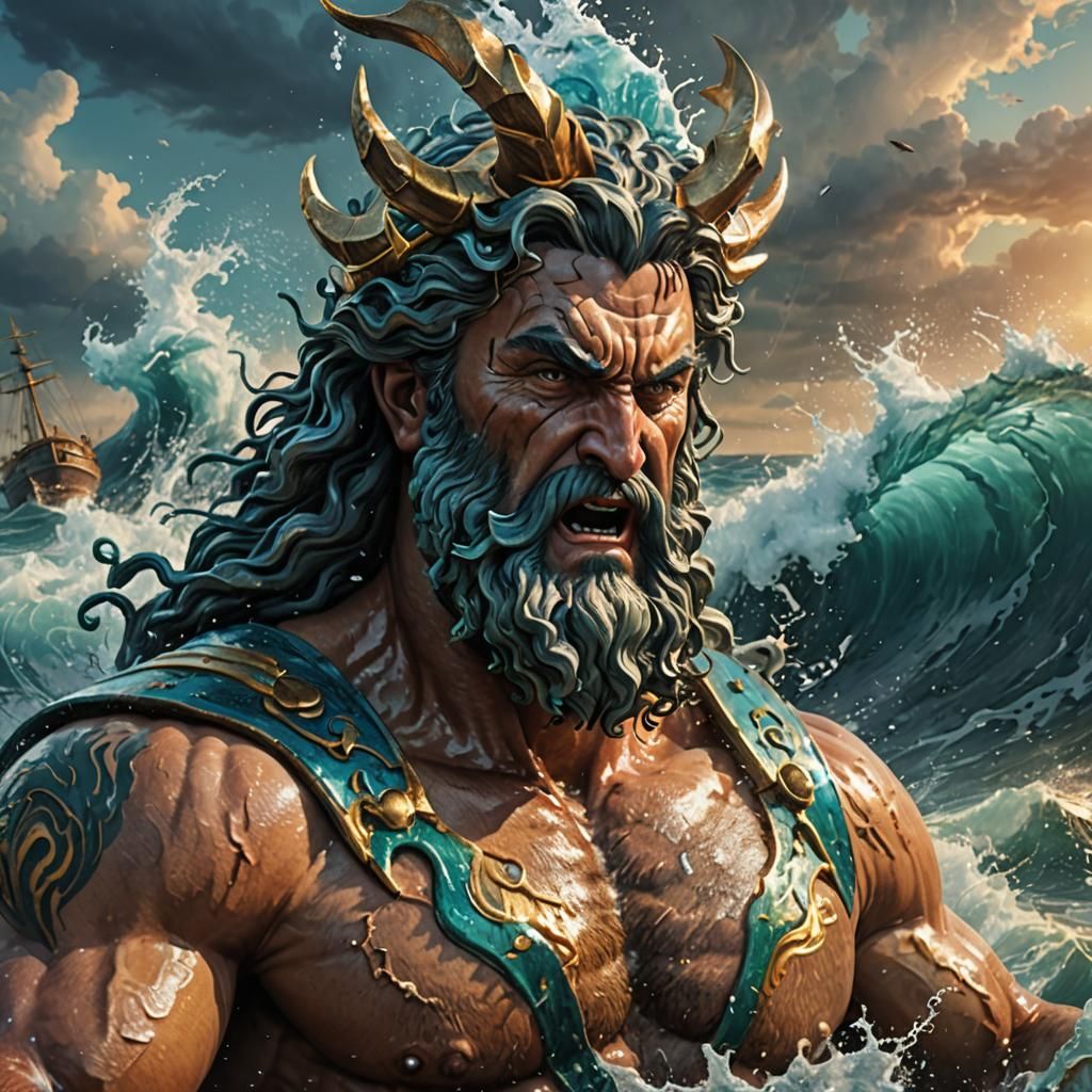 Poseidon Calming a Stormy Sea: Hyperrealistic Concept Art