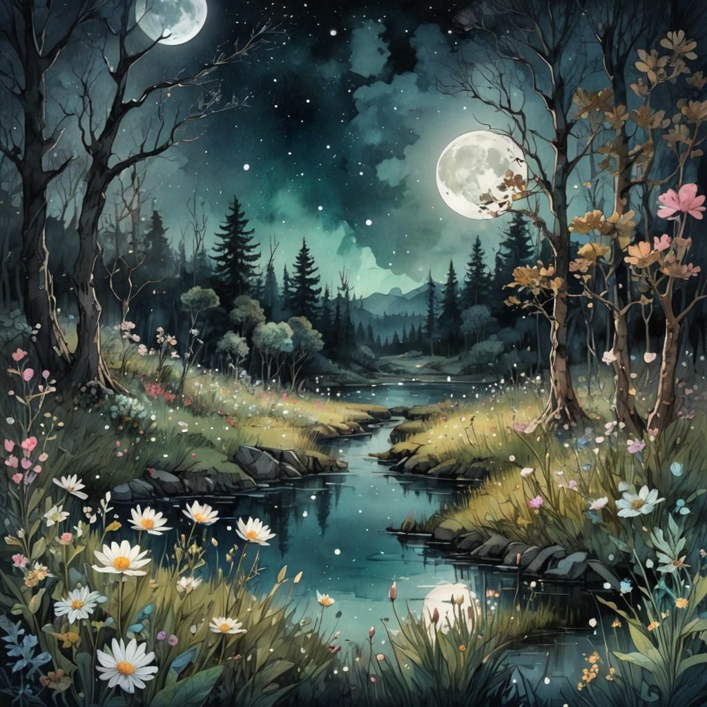 Moonlit Meadow: Digital Watercolor Fantasy