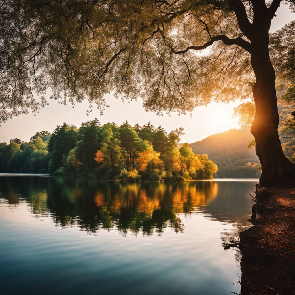 Majestic Lake Landscape Photography with Warm Sunlight