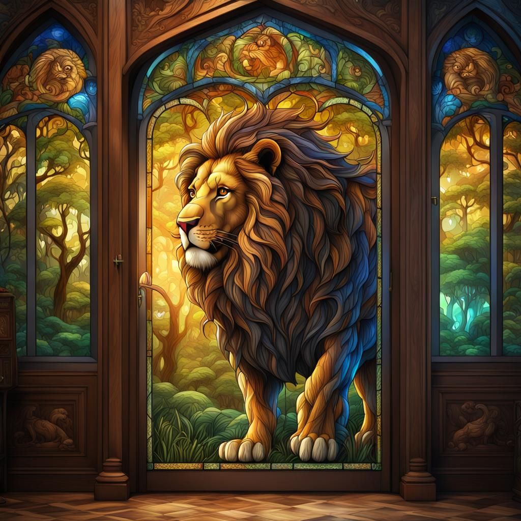 Lion in Stained-Glass Wardrobe Door: Fantasy Art