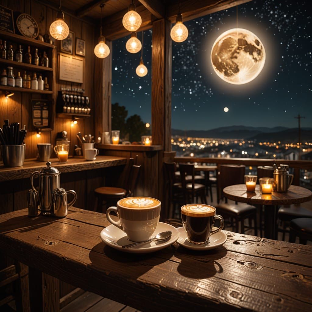 Cozy Night Cafe with Moonlit Espresso