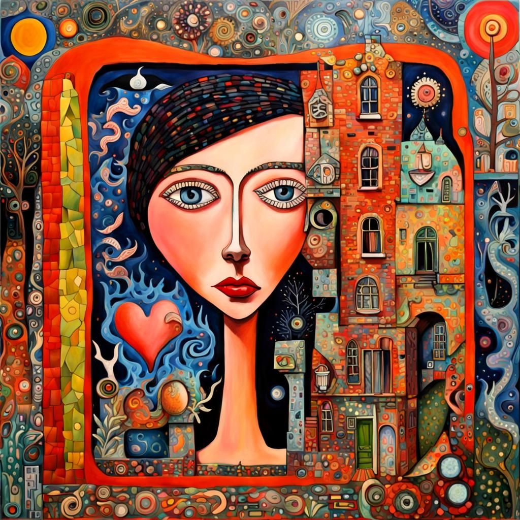 Whimsical Stolen Heart Artwork in Folk Art Style