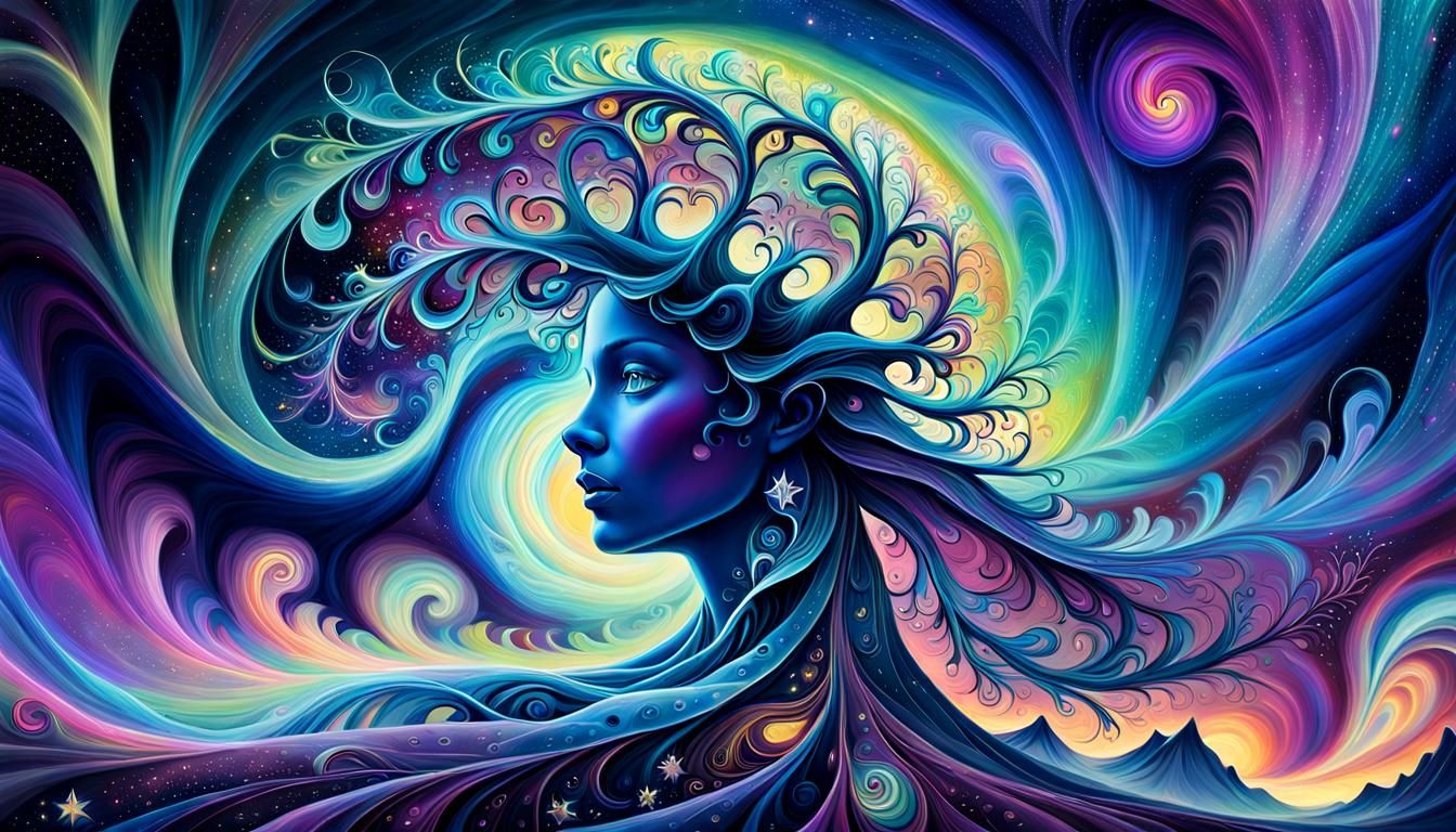 Ethereal Cosmic Entity Unfolds Fractal Emanations in Vibrant...