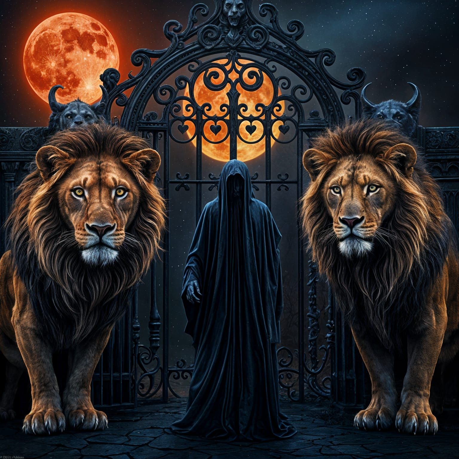 Majestic Lions Guard Gothic Gate Under Bloody Moonlight