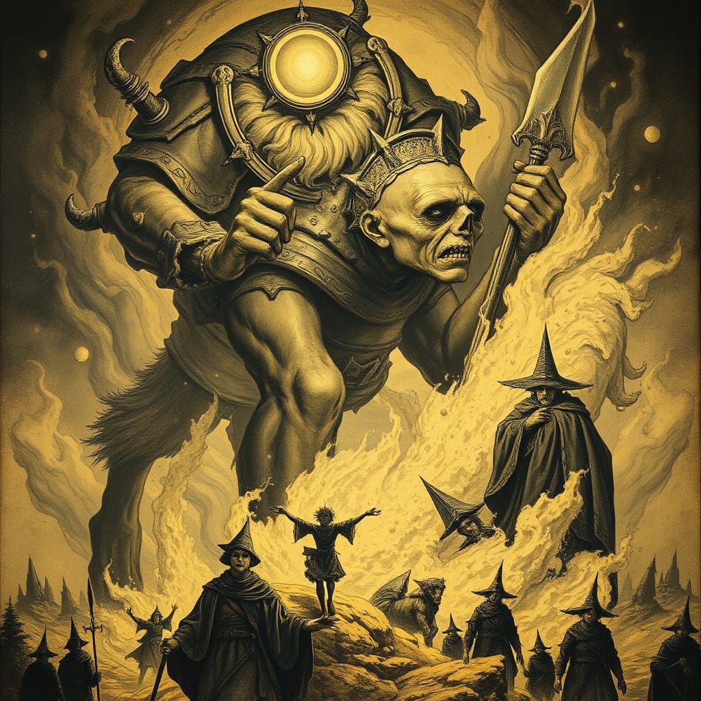 Cleric Amidst Fiery Ruins in a Haunting Dark Fantasy Style