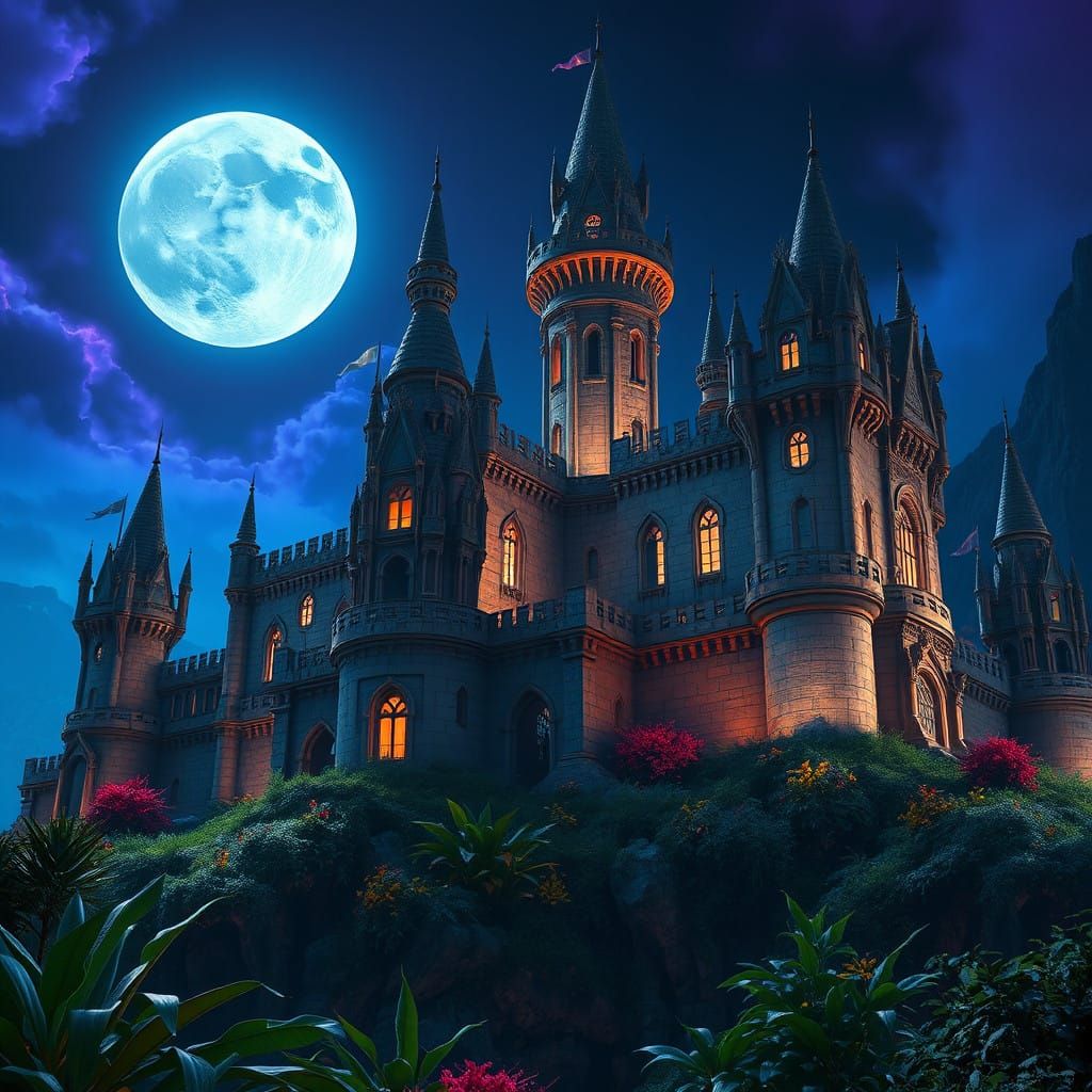 Medieval Futuristic Castle Illuminated by Full Moon